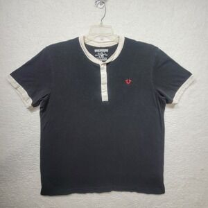 True Religion Mens T-Shirt Henley Black Size Large Short Sleeve Horse Shoe Logo